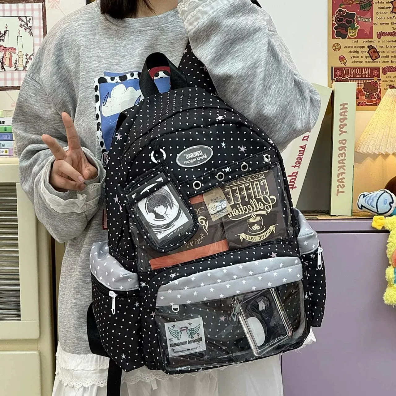 New Y2K Cute Star Polka Dot Ita Backpack Large Capacity  Student Schoolbag DIY Display  Outdoor Knapsack Casual Travel Rucksacks