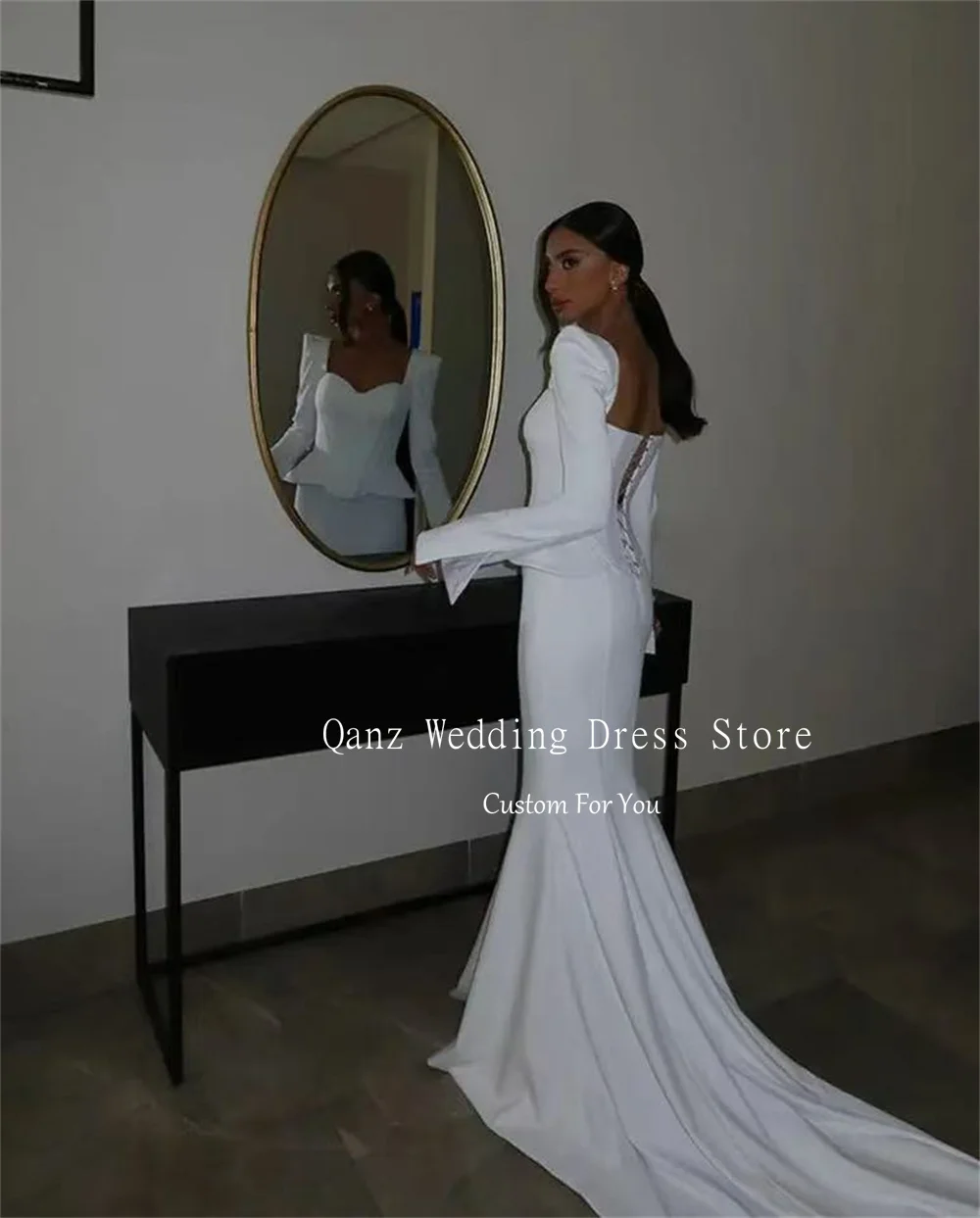 Qanz White Sheath Wedding Dresses Sweetheart Satin Long Sleeves Vestidos De Novia Boda Mermaid Corset Bridal Gowns Customized image 3