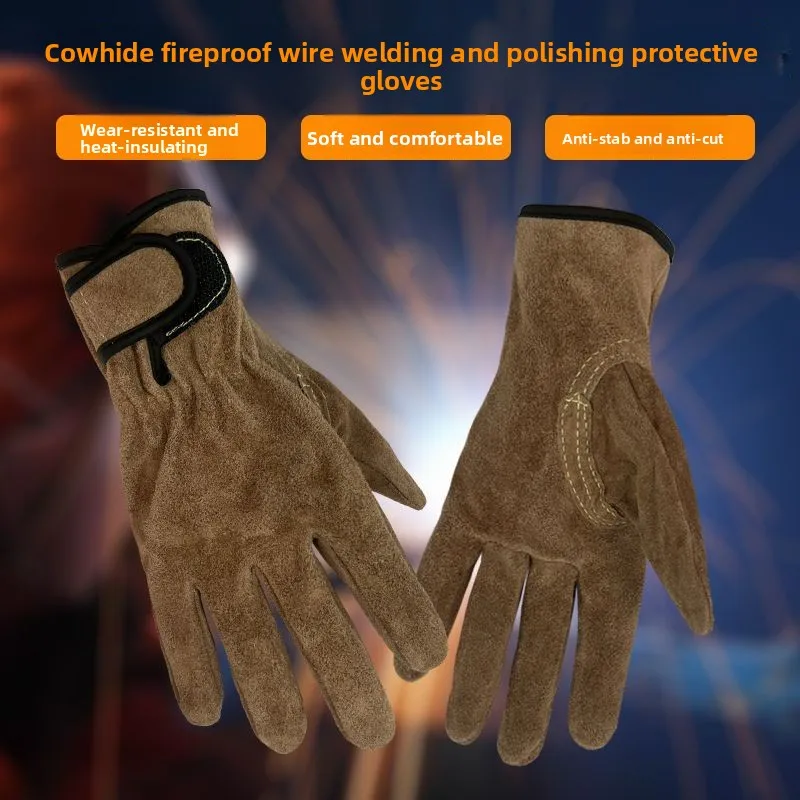 1 Pair Fireproof Wire Cowhide Labor Protection Welding Gloves Welder Welding Stab-proof Protective Work Gloves Outdoor Short