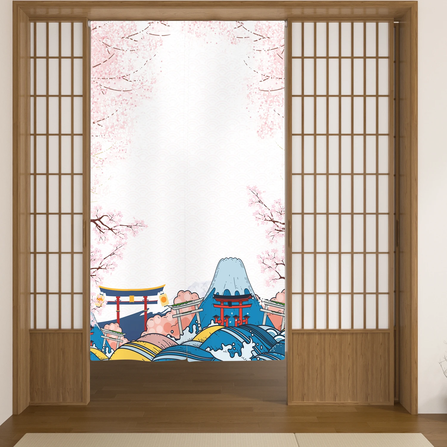 Japanese Crane Waves Linen Door Curtain Izakaya Living Room Partition Doorway Curtains Kitchen Entrance Hanging Half Curtains