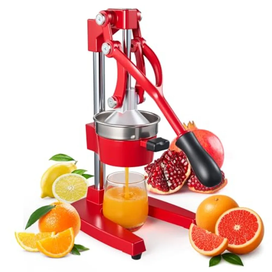 

Commercial cast iron citrus juicer for countertop use, orange/red finish, heavy-duty hand press with stainless steel cup