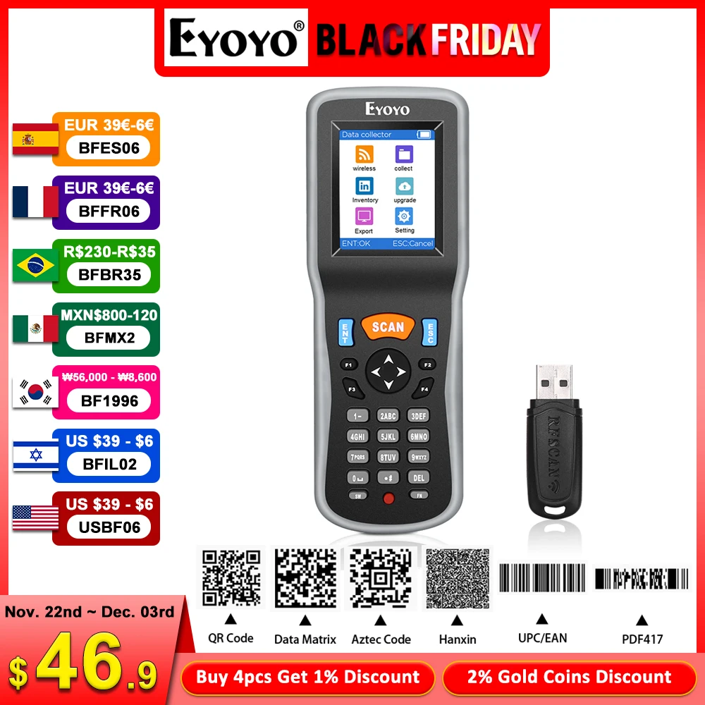 Eyoyo EY-7000 Portable 1D/2D QR Code Scanner Handheld Data Collector With 2.2