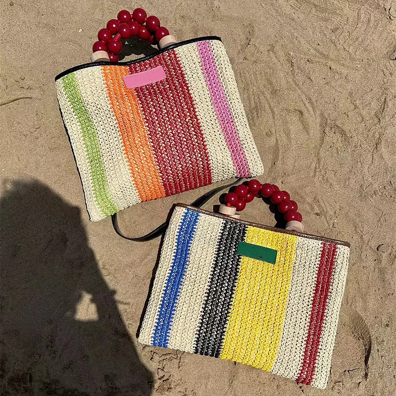 Bolsas De Lidar Com Frisado De Madeira Para Mulheres, Handmade Woven Straw Bags, Color Stripe Beach Bag, Corda De Papel, Shoulder Crossbody Tote