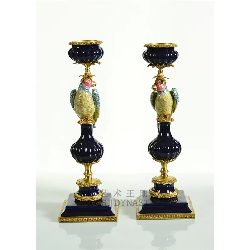 Elegant Porcelain Candelabrum European Candleholder Decor Copper and Blue & Green Ceramic Cockatoo Vintage CandleStick