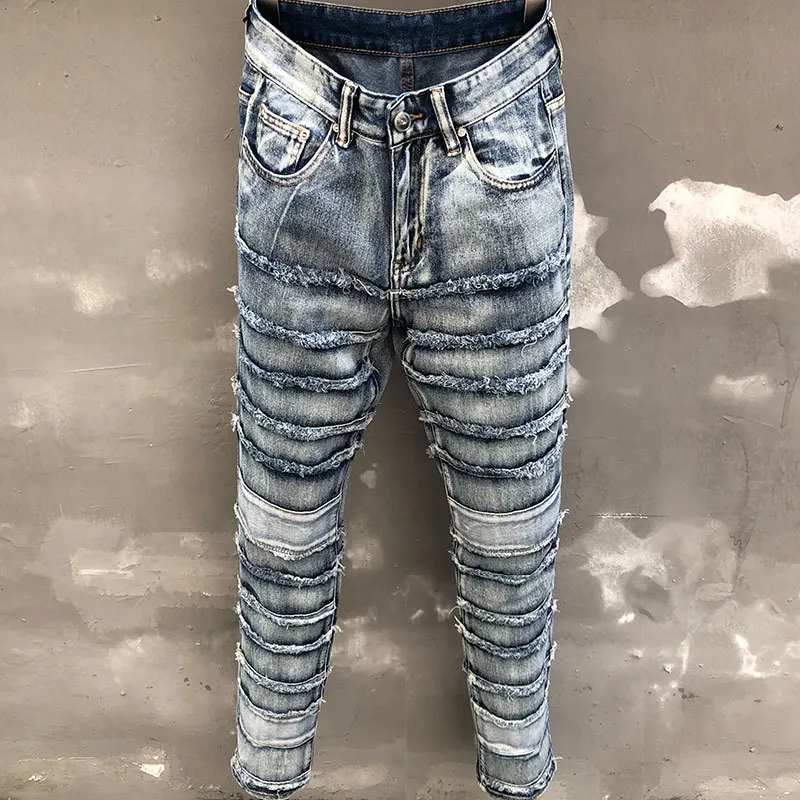 

High Quality Patchwork Male Ripped Hole Design Stretchy Jean Fall Blue Hip Hop Style Trousers For Men Pantalon Vaqueros Hombre