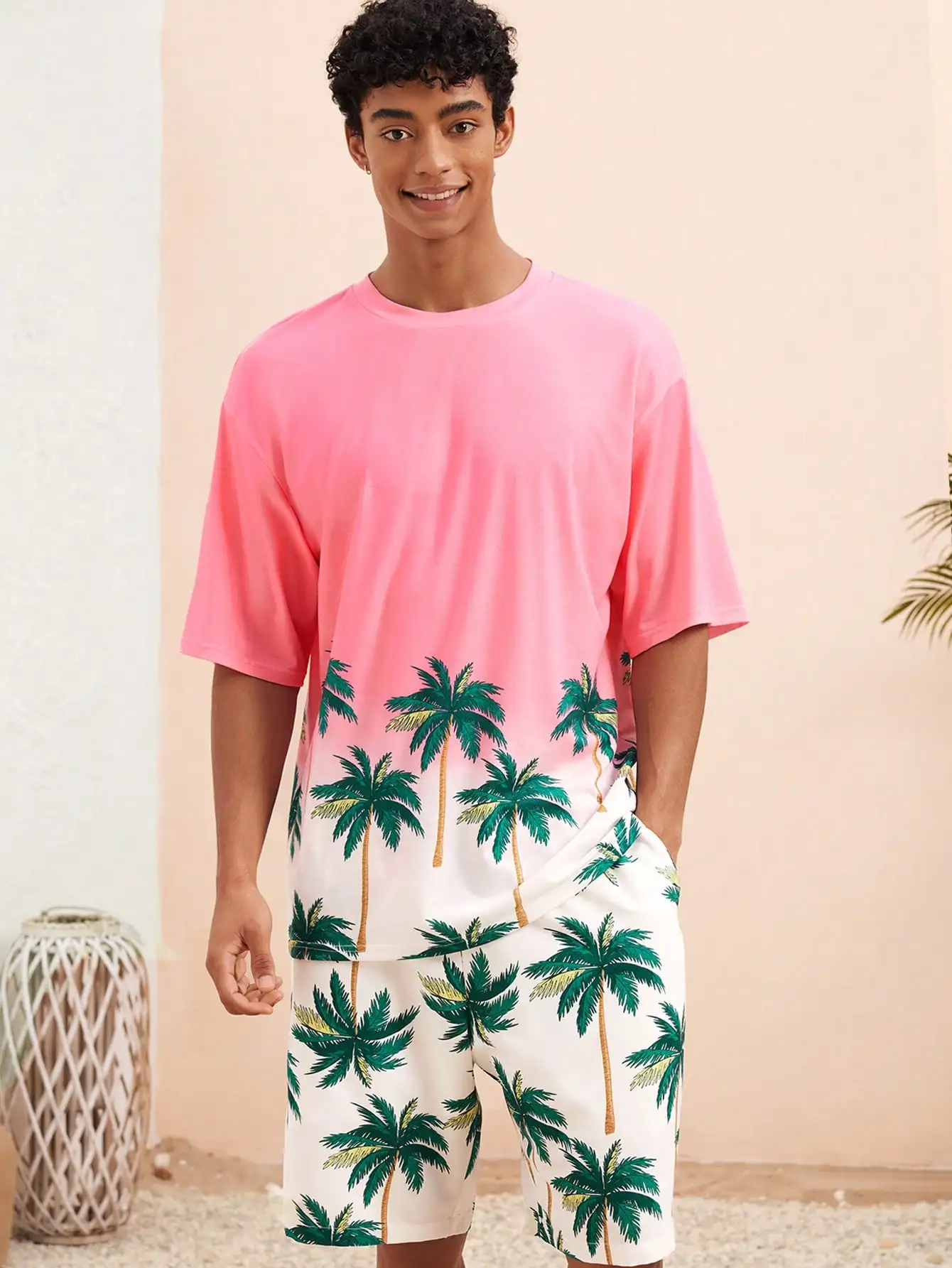 Beach Vacation Men's Set Holiday Men's Summer Palm Print Short Sleeve Knit Casual T-shirt and Shorts Set