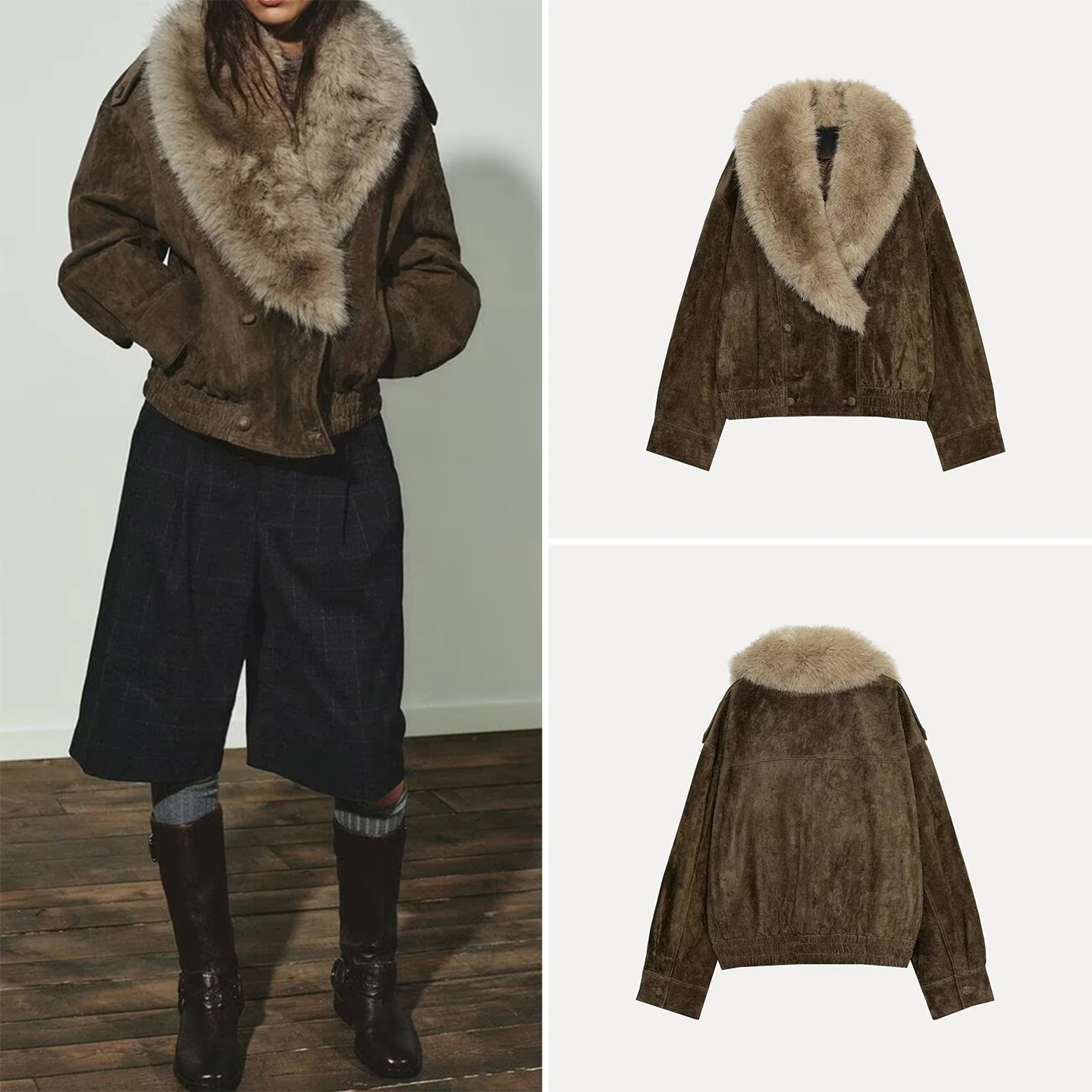 

Faionable Velvet Jaet Women's Sle Autumn 2025 Z Brand Stand Fit ort Coat с меховым воротником Long Sve Button C...