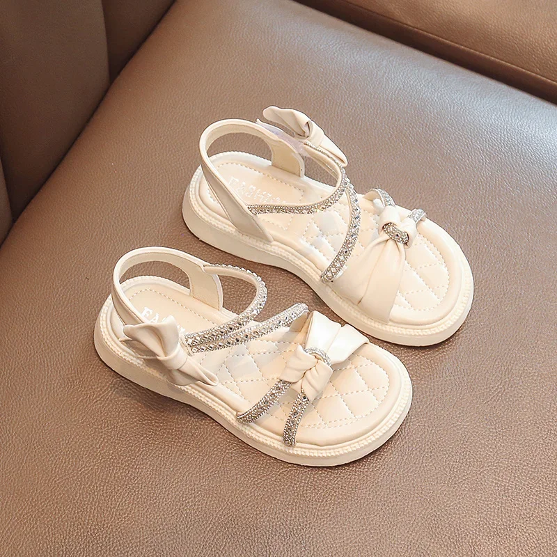 2024 Summer New Style Fashionable Comfortable and Casual Flat Bottom Rhinestone Bow Hollow Open Toe Girls Wear-resistant Sandals