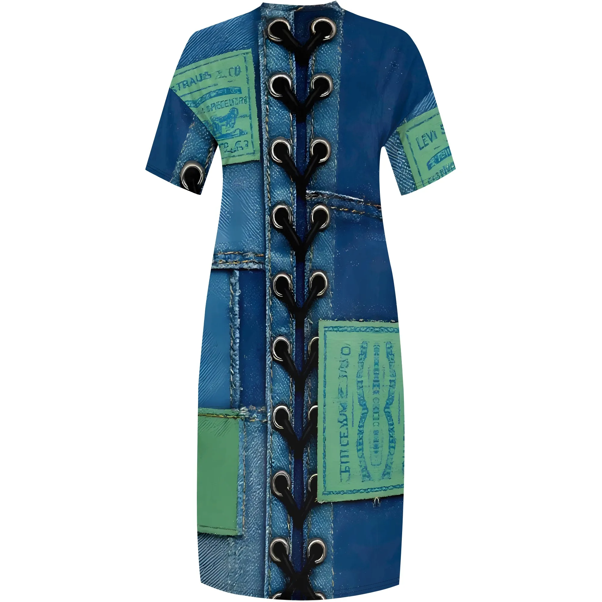 Nupusa Plus Size Maxi Dress Denim Patchwork Print V Neck Short Sleeve Pocketed Dress