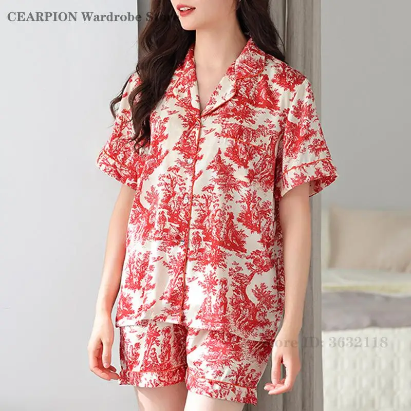 Fashion Print Flower Pyjama Pour Femme Sleepwear Summer Shorts Outfit Nightwear Lounge Wear Loose Satin Homewear Pijamas Suit
