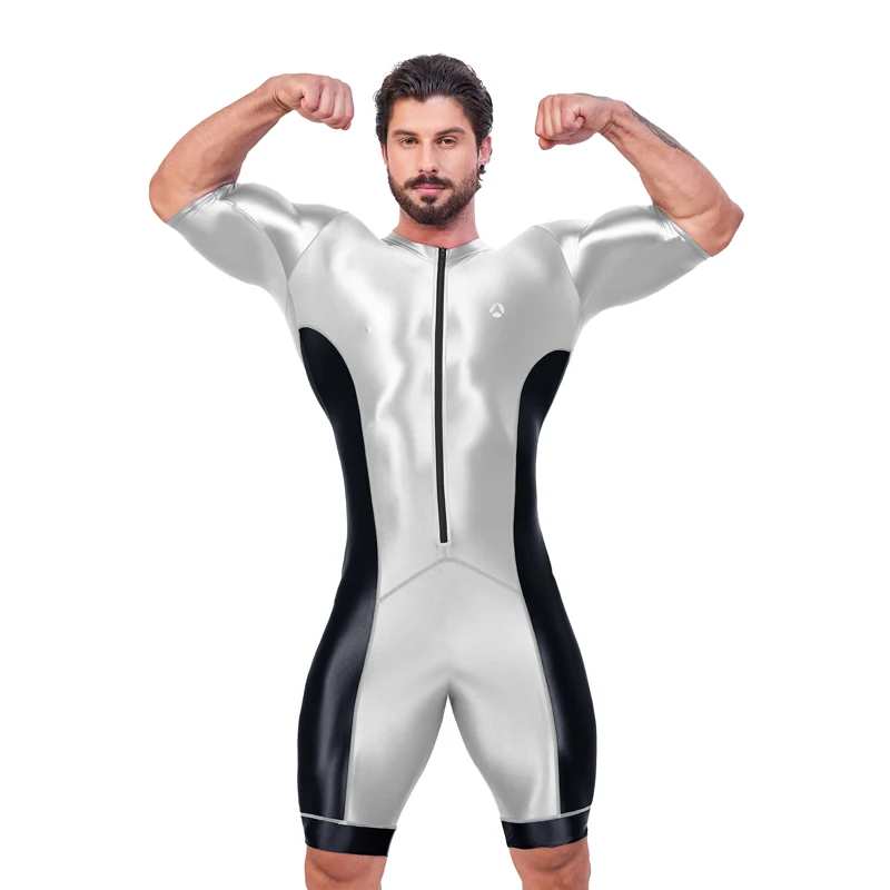 satin Glossy Men\'s  Sexy Long sleeved Colored Body Suit Yoga Sports Fitness wear Multi functional Tights Cycling jumpsuit