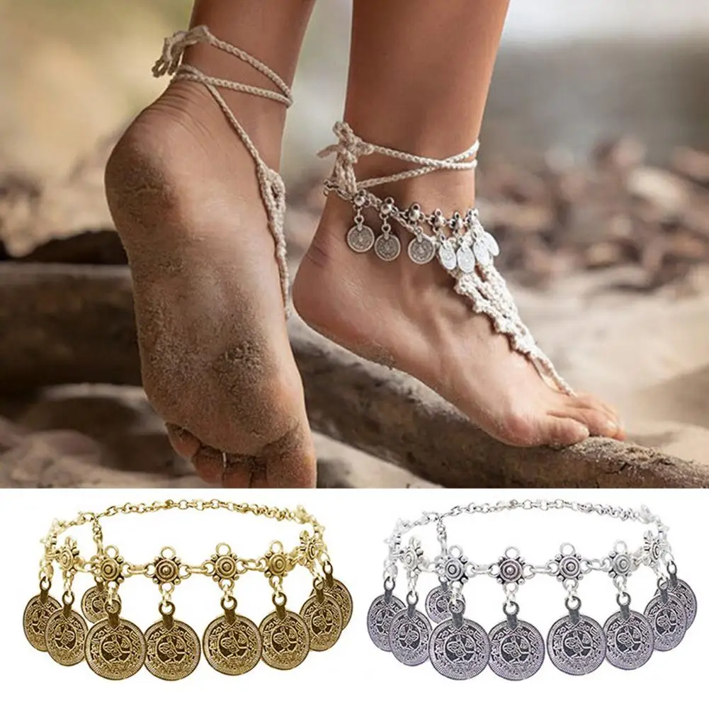 Bohemian Anklet Vintage Bohemian Women\'s Anklet with Hollow Pattern Metal Charm Adjustable Hypoallergenic Beach Foot Chain