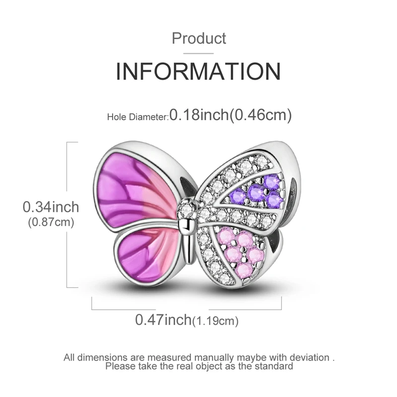 Original Design 925 Sterling Silver Spliced Powder Purple Butterfly Beading Fit Original Womens Bracelet Necklace Jewelry Gift
