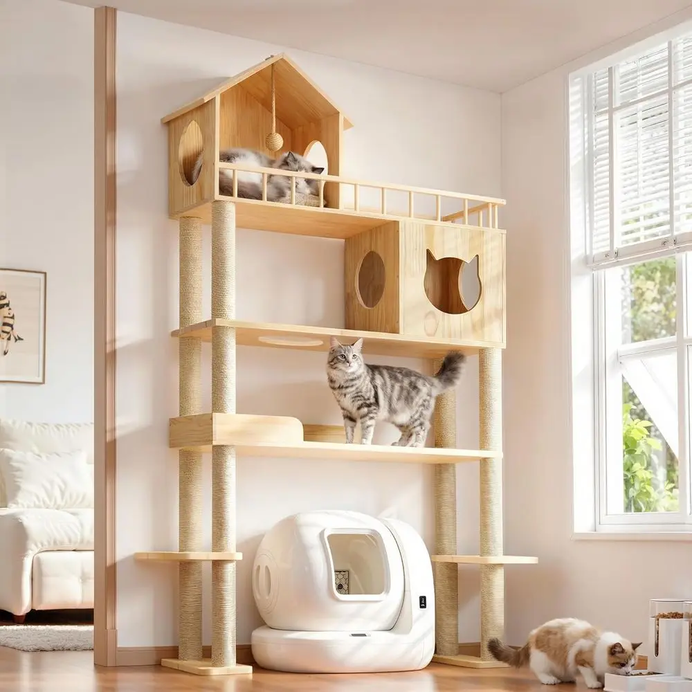 

Wood Cat Tree or Automatic Litter Box, 74.4" Tall Cat Tower or Sel Cleaning Litter Box, Cats Tree or Indoor Cats Large Adult, 5-