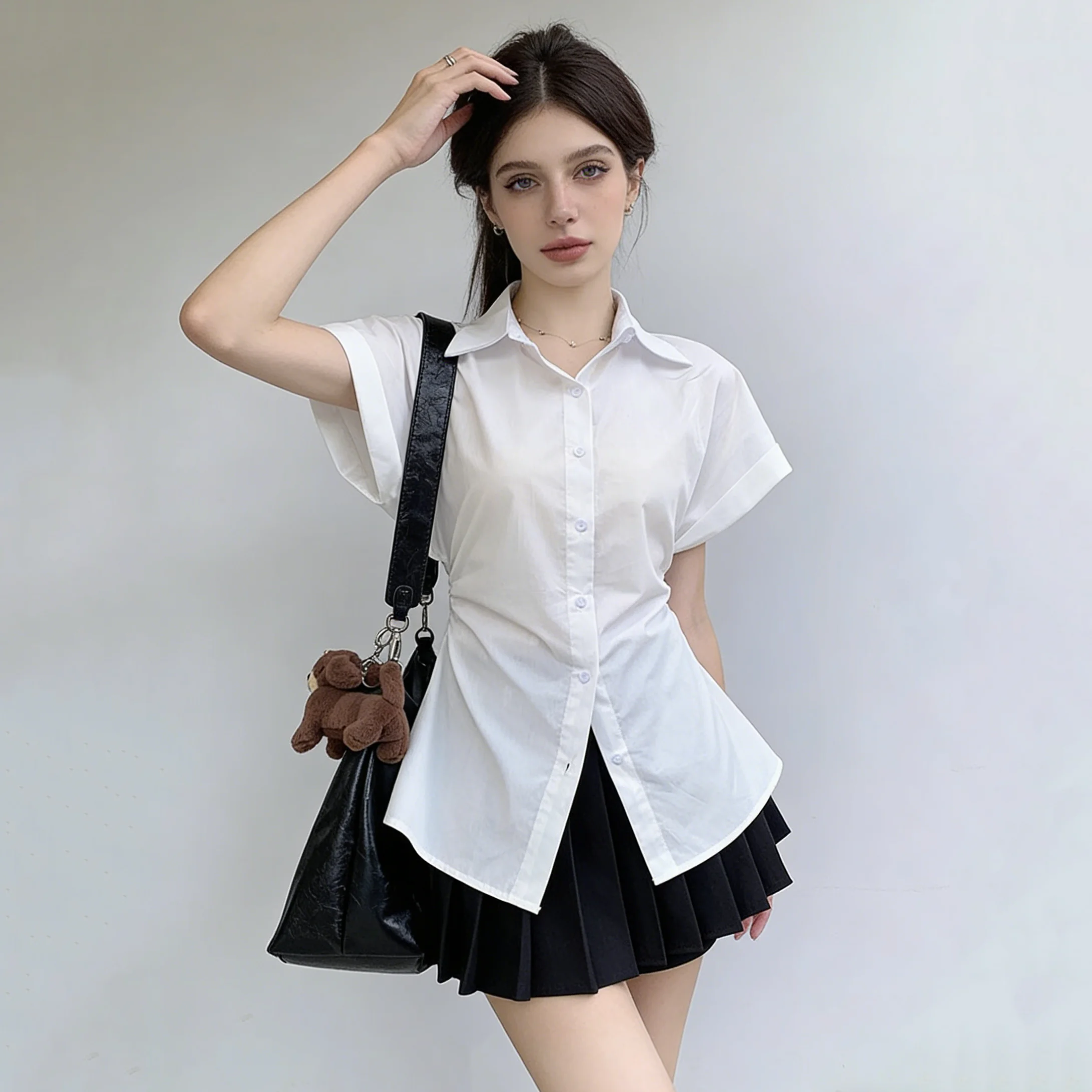 

Женская блузка CiCi с отложным воротником, коротким рукавом, на пуговицах, приталенная, с пэплумом, повседневная, уличный стиль, весна-лето 2026