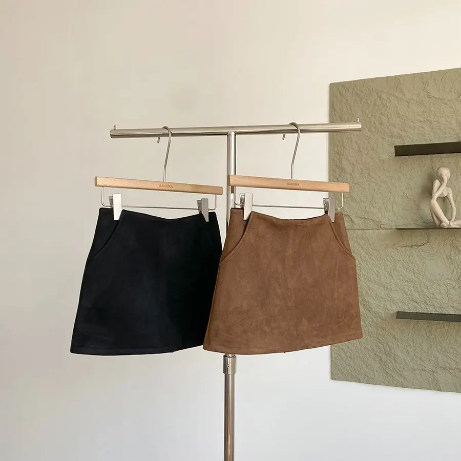 

Retro Suede Skirt Women's Autumn Winter New American Trend A-Line Bodycon ort Skirt Anti-Light Walking Skirt