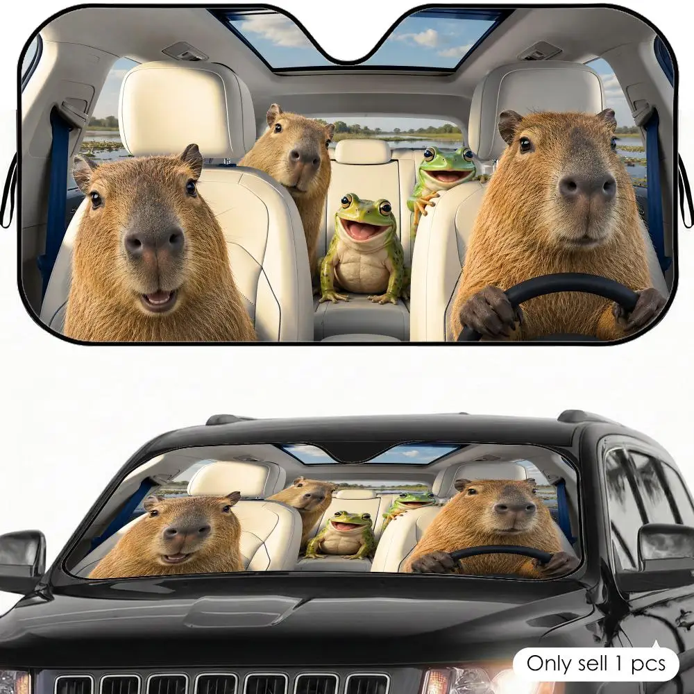

Capybara and Frog Animal Sun Visor Car Windshield Sunshade UV Protection Reflective Foldable Heat Insulation Cover