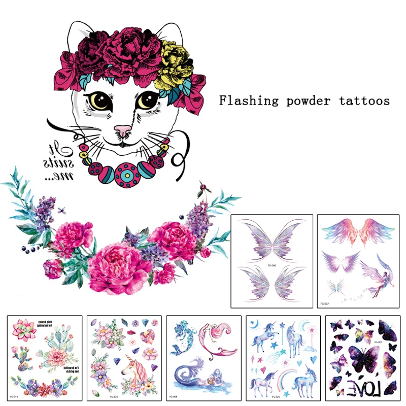 Glitter Fairy Butterfly Flowers Wings Waterproof Temporary Tattoo Sticker Face Arm Body Art Fake Tattoos Women Makeup