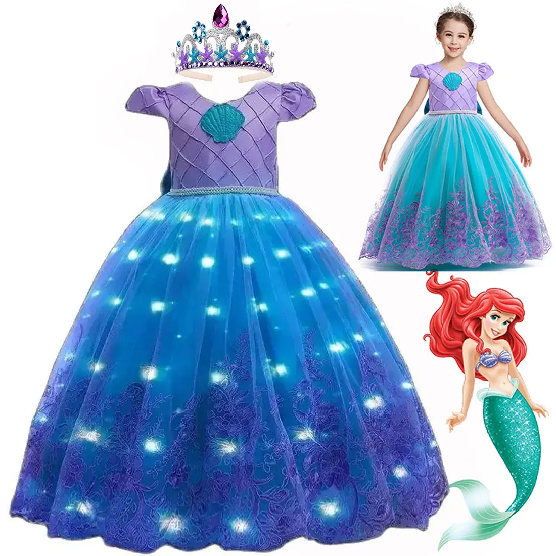 Disney Blue Little Mermaid With Led Dress for Girl Birthday Party Princess Dress Halloween Fantasy Cosplay Ariel Tutu Dress