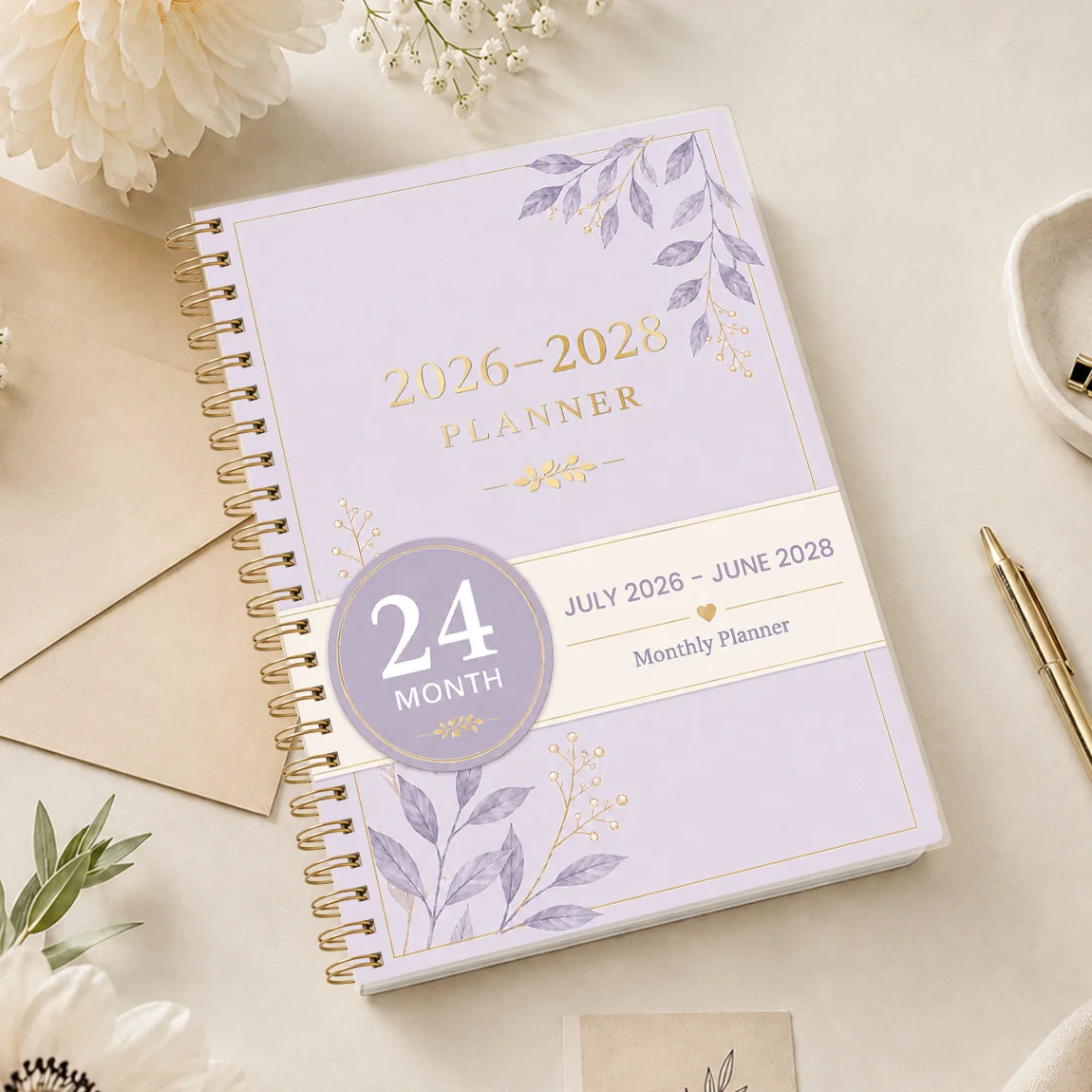 Jul 2026-Jun 2028 Monthly Planner, Lavender Floral A5, Gold Spiral Binding, Monthly Overview for Work & Daily Planning