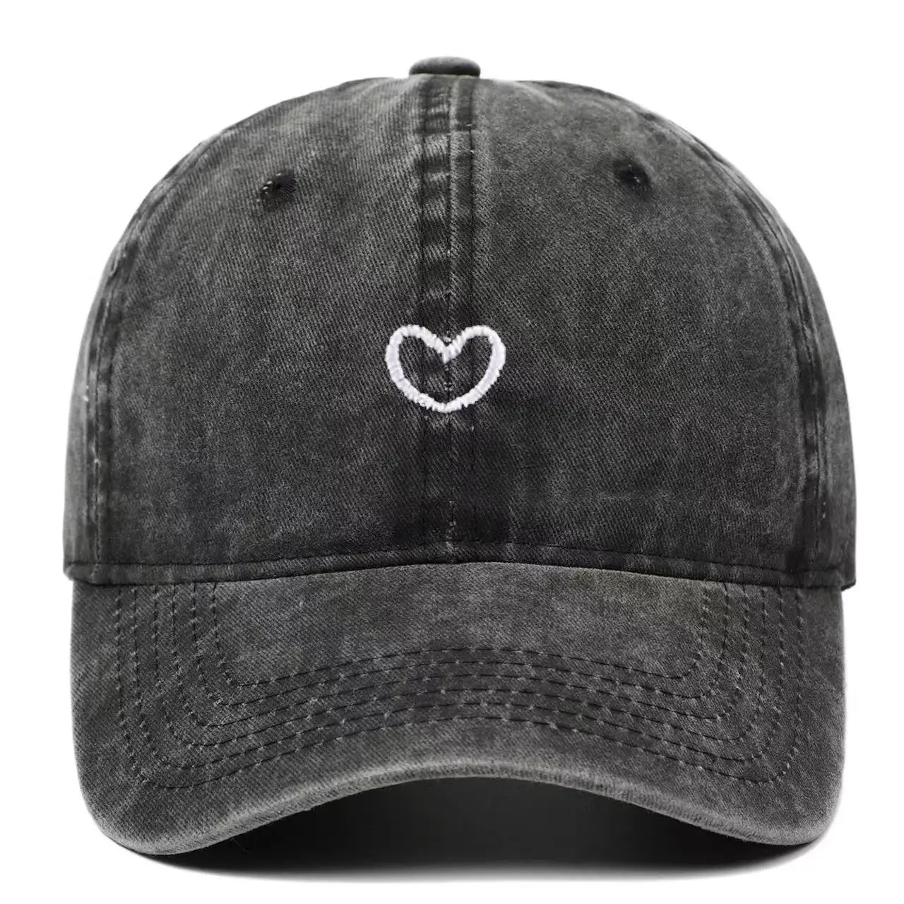 Artistic retro small heart embroidery soft-top fashion baseball cap for women, summer outdoor simple washed style, couple style