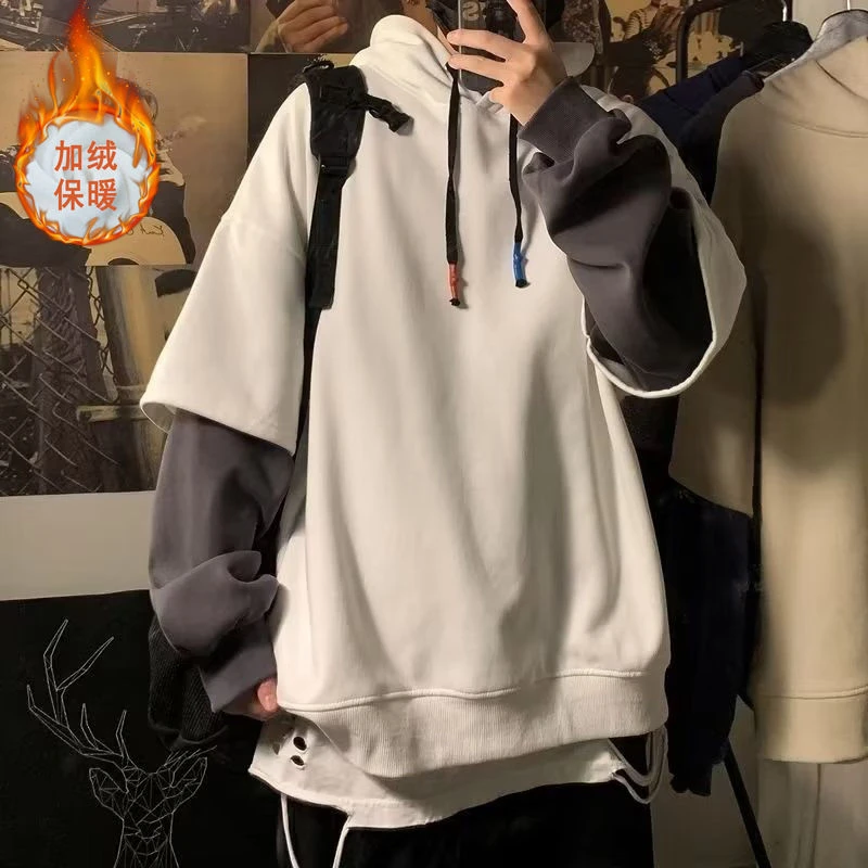 Winter Round Neck Long Sleeve Fashion Sweatshirts Man High Street Casual Loose Pullovers Fake Two Pieces Thick Drawstring Hoodie