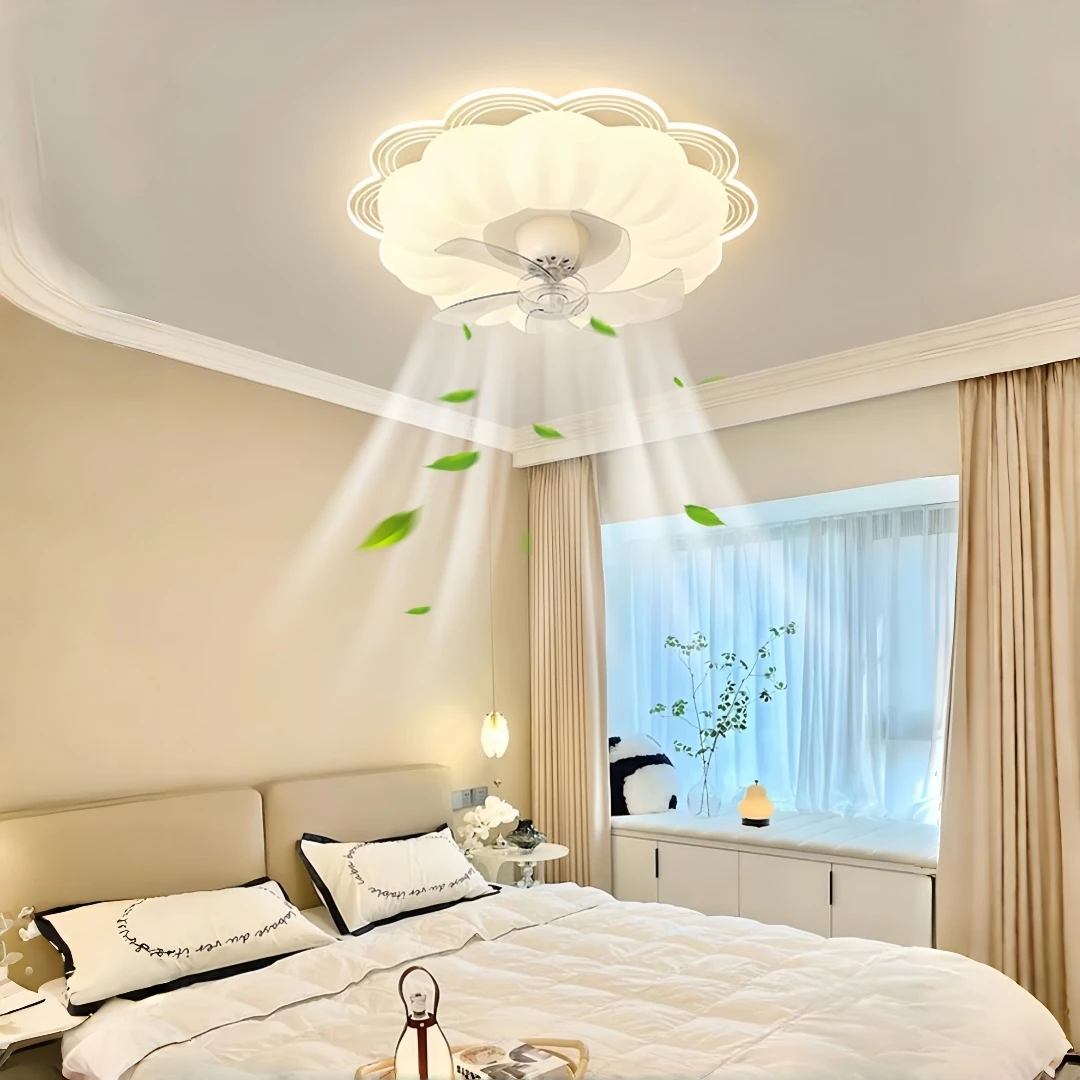 Cream Style Flower Shaped Ceiling Fan with Light for Living Room Bedroom Dining Room Low Ceiling Cafe Restaurant Home Decor