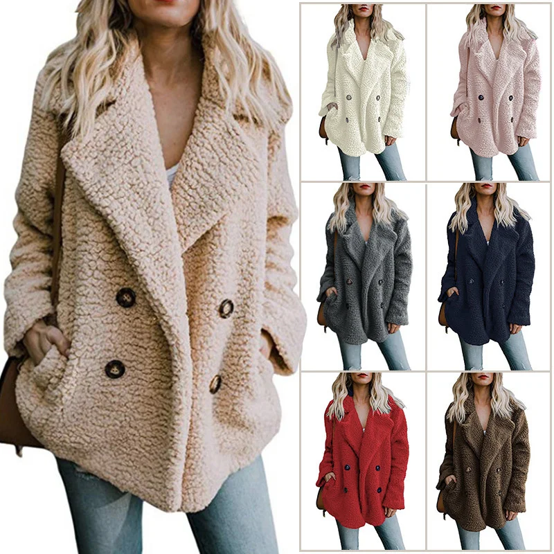 

Autumn and winter women's clothes Lapel double breasted loose lamb Plush clothes lamb cashmere coat women