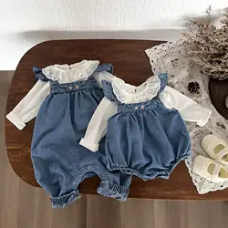 2024 Autumn New Baby Sleeveless Denim Strap Bodysuit Infant Girl Cute Floral Embroidery Jumpsuit Toddler Casual Romper 0-24M