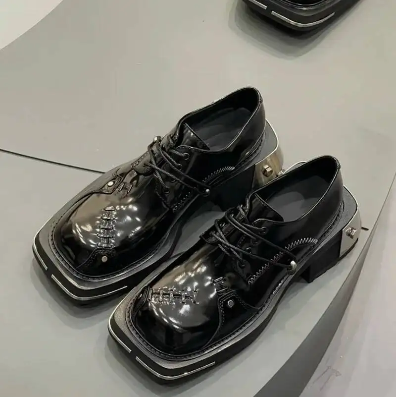 Retro Women Men Metal Genuine Leather Women Sneaker Luxury Trainers Casual Lace-up Zip Flat Couple Black Shoes view 5