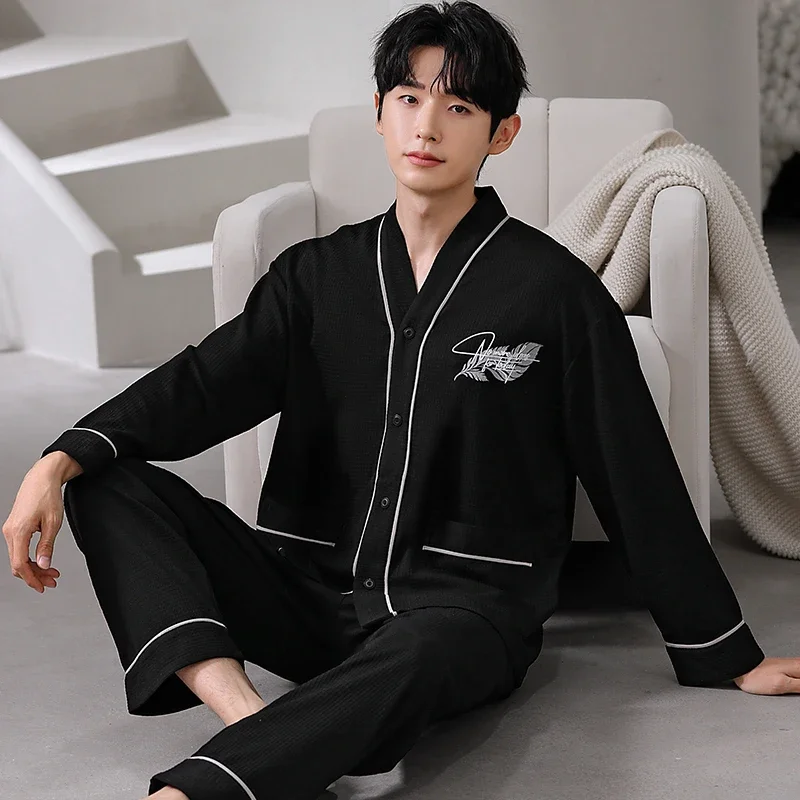 Waffle Pajamas Men's Spring and Autumn 2025 Bew long sleeve Cardigan set boys teen plus 5XL size Kimono Cotton lounge set Hombre