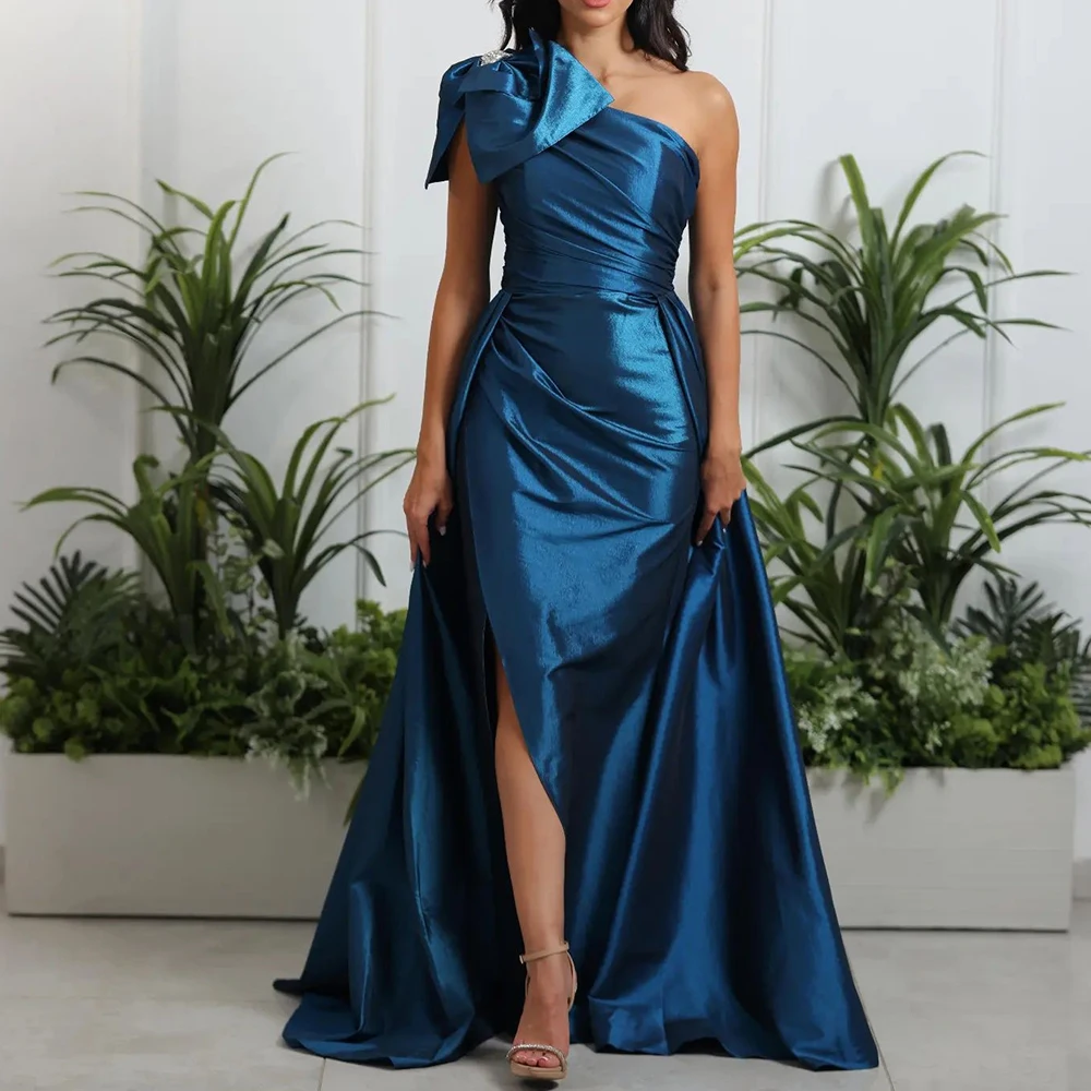 Customized Delicate Bow Crystal One Shoulder Satin Evening Dresses Fashion Straight Floor Length Sleeveless Vestidos De Fiesta