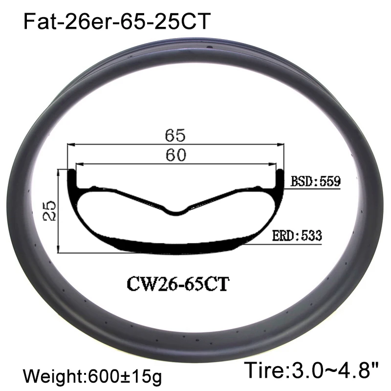 26er Fatbike Snow Bicycle Carbon Rims 65x25mm Depth Disc Brake Hookless Clincher Tubeless Sand Ride XC Wheel Chinese OEM Factory