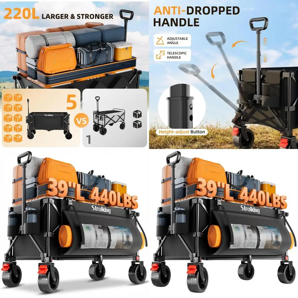 

39 Large Collapsible Utility Wagon, 220L Capacity, 440lbs Load Bearing, Lightweight 15lbs, All-Terrain Silent Wheels for Garden,