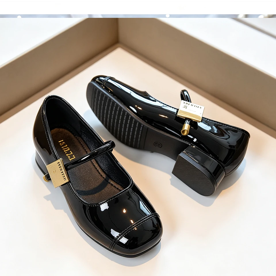 Premium Leather Girls Classic Square High Heels Mary Jane Dress Shoes Gorgeous Children Formal Wedding Party School Uniform Wear