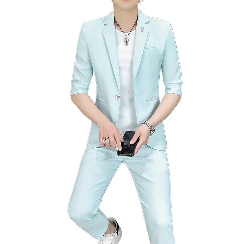 Summer Suit (suit + Trousers) Korean Version of Fashion Handsome Slim Mid-sleeve Casual Seven-point Sleeve Suit Two-piece Set