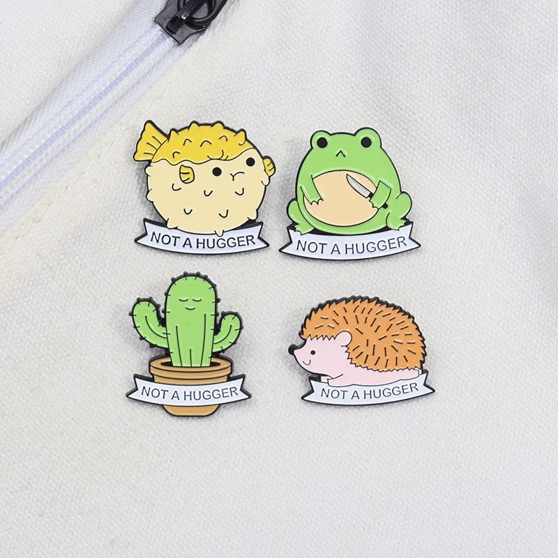 Not A Hugger Hedgehog Animal Enamel Pins Funny Cute Pufferfish Frog Cactus Brooch Bag Clothes Lapel Badge Jewelry Gift Wholesale