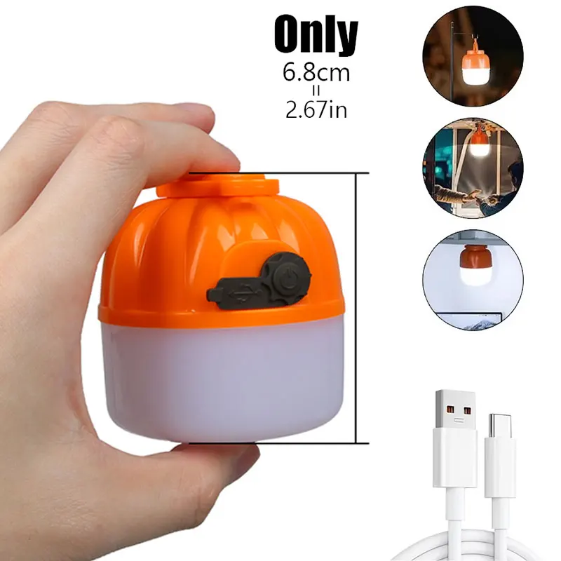 Mini LED Camping Pumpkin Light Type-C Rechargeable Lantern Protable Tent Light with Hook 4 Modes Emergency Floodlight Torch
