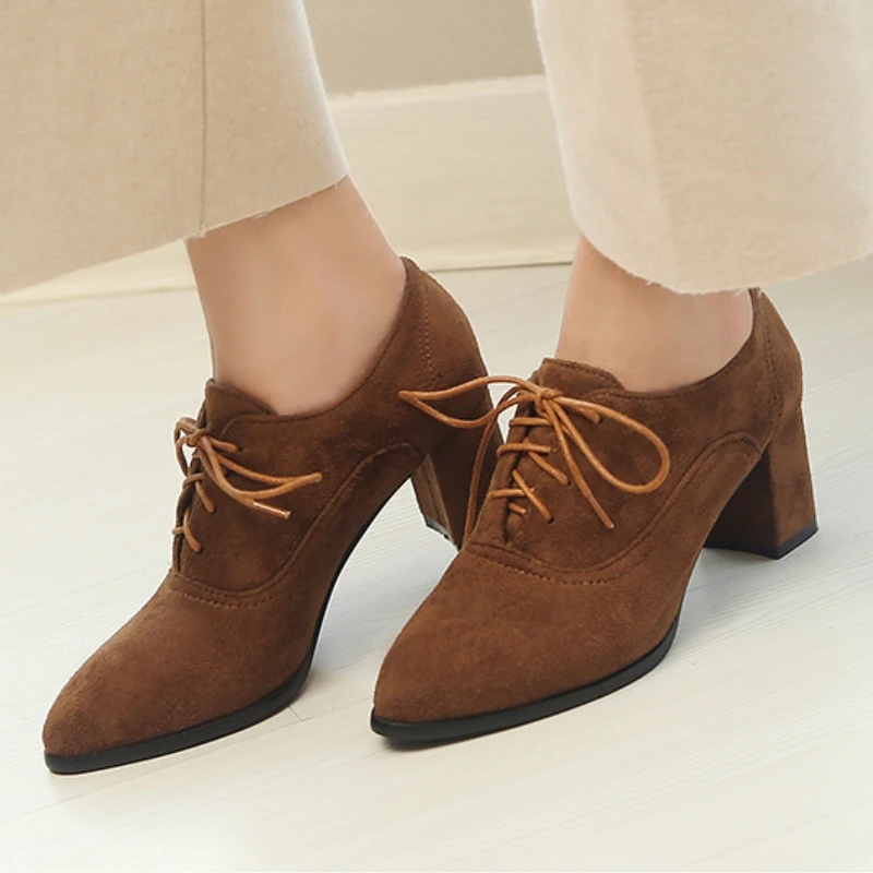 Blue Medium Heels Women's Oxfords Shoes Big Size 45 Spring 2025 Lace-up Green Black Short Heeled Loafers Footwear Shoes Girls