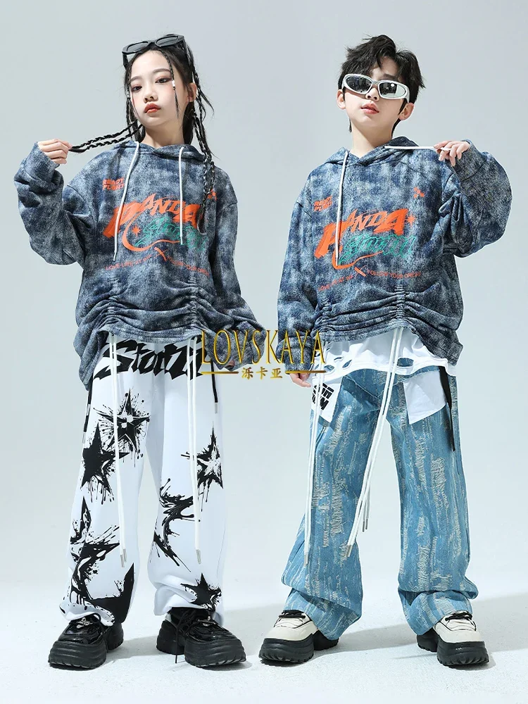 Children hiphop Street Dance Jazz Drum Loose Long Sleeve Tie-dyed Sweaters Boys and Girls Performance Suit Tide