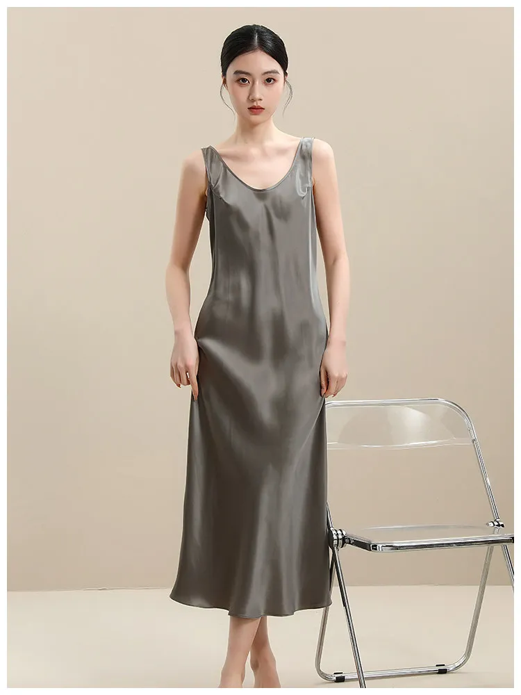 Luxury 100% Mulberry Silk Maxi Slip Dress Women Sleeveless Solid Color Nightgown Elegant Summer Long Nightdress Soft Loungewear