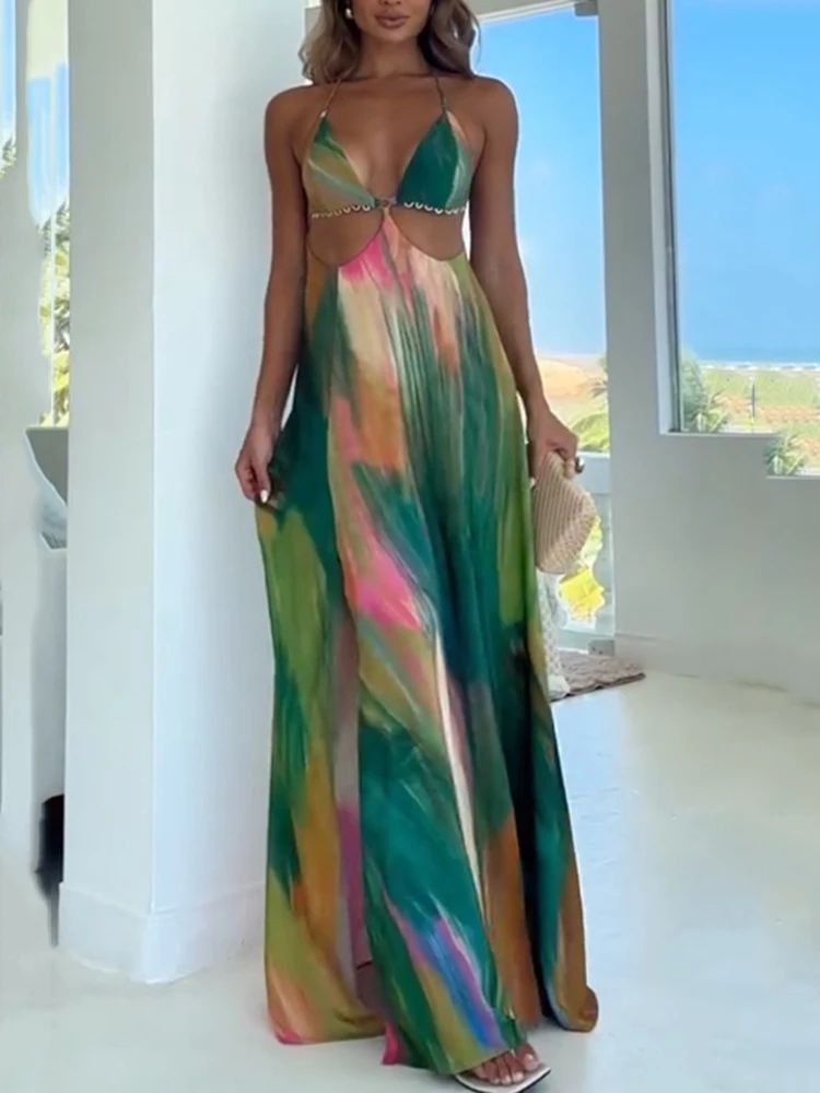 

Street Printed Waist Exposed Strap Dresses Spring Women V-neck Sleeveless Lace Up Dress Summer High Waist Floor Length Dress