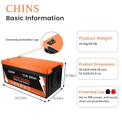 Bluetooth LiFePO4 Battery 12V 290AH Smart Lithium Battery Built-in 200A BMS 6000+ Cycles Perfect for RV Off-Grid Solar Powe