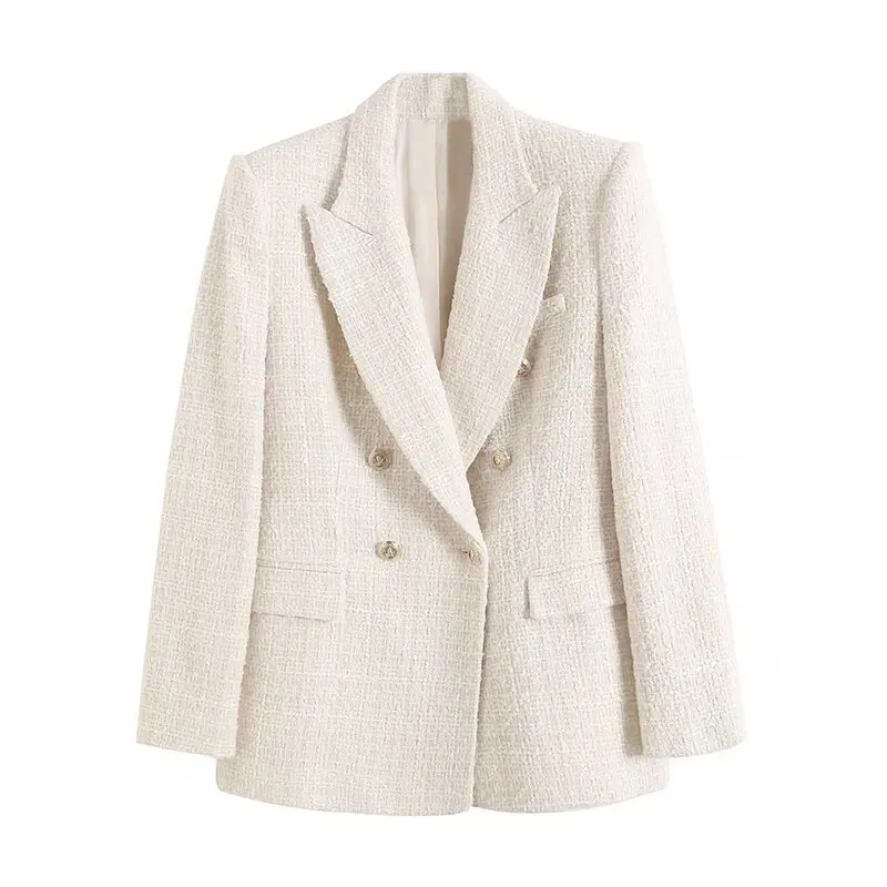 Women's Spring Autumn Tweed Plaid Blazer, Vintage Double Breasted Long Sleeve Suit Jacket with Pockets