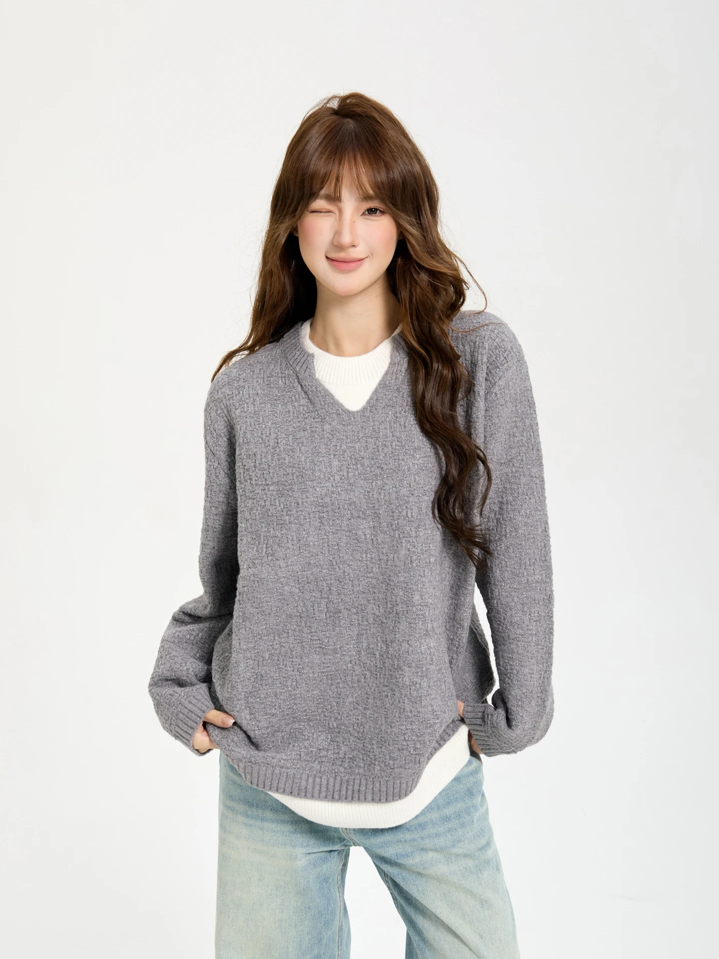 

7KEEWEN Осенне-зимний женский вязаный свитер в американском ретро-стиле, свободного кроя, с цветными вставками, имитация двухслойности, мягкий, в стиле lazy, для уличного стиля