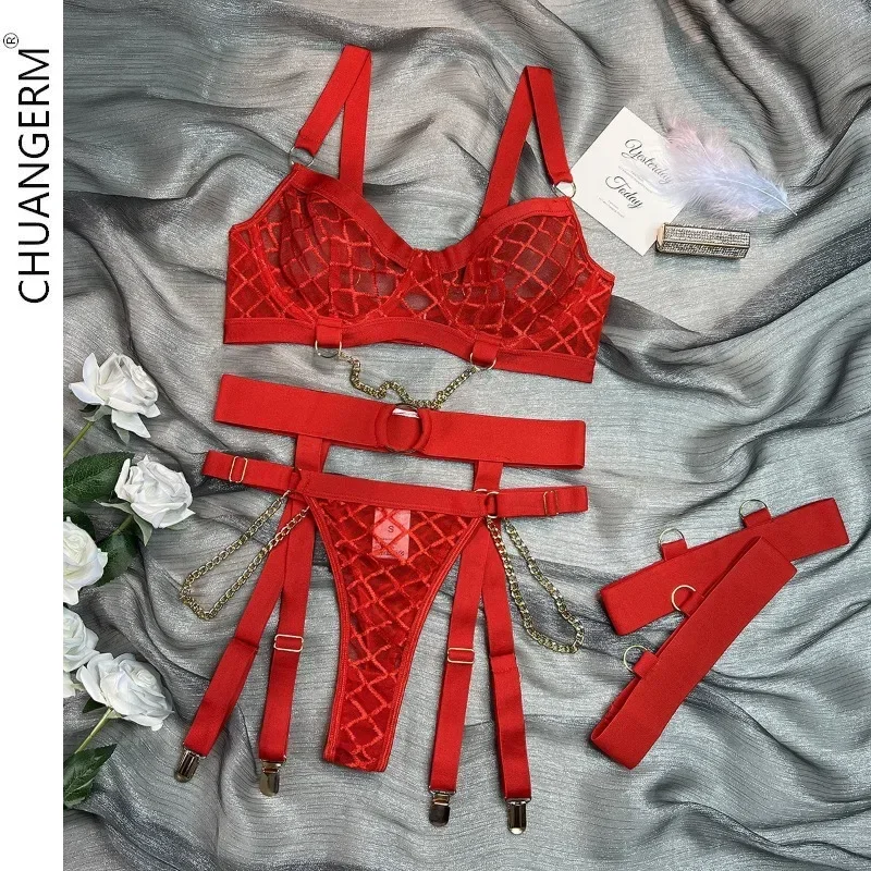 

CHUANGERM Transparent Bra Brief Suits Fashion Bodycon Mesh Chain Lingerie Casual Women Push Up Underwire Underwear 4 Pieces Sets