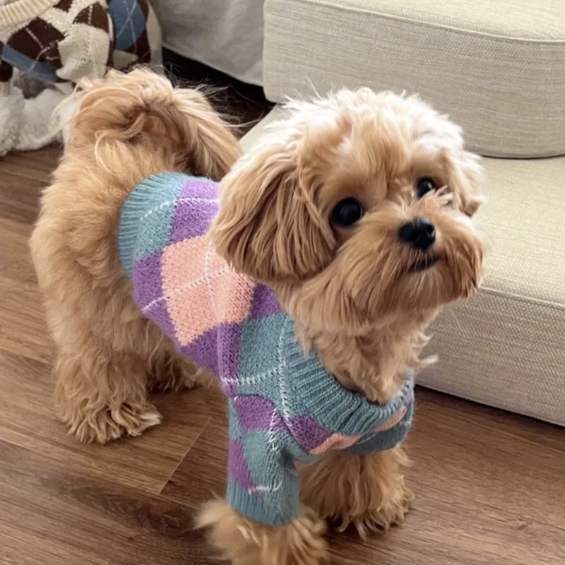 

Fashion Pet Sweater Beige Checked Maltese Sweater Pet-Warm Knitted Top Teddy Winter Two-Legged Clothes Thickened Dog Pullover