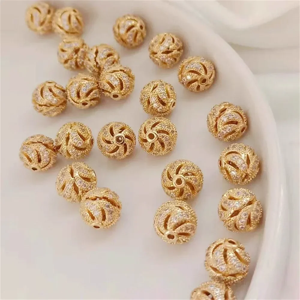 

14K Gold-plated, Zircon Inlaid, Hollowed-out Ball Hydrangea Beads, 10mm Crystal Bracelet, Necklace, DIY Handmade Jewelry