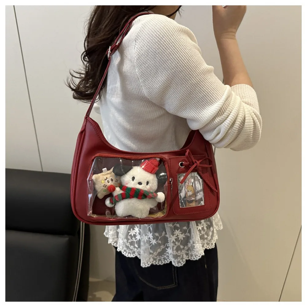 Vintage burgunderrote PU-Schultertasche mit transparenter Seitenfach-Optik, Unterarmtasche, Anime-Motiv-Fanartikel-Aufbewahrungstasche. – Detail 7