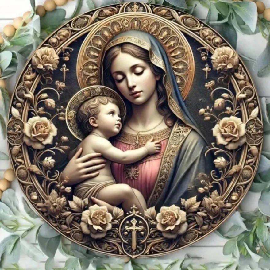 Weißblechgemälde, Metallschild „Virgin Mary & Baby Jesus“ – dekorative Wandkunst für Zuhause – ideales religiöses Geschenk